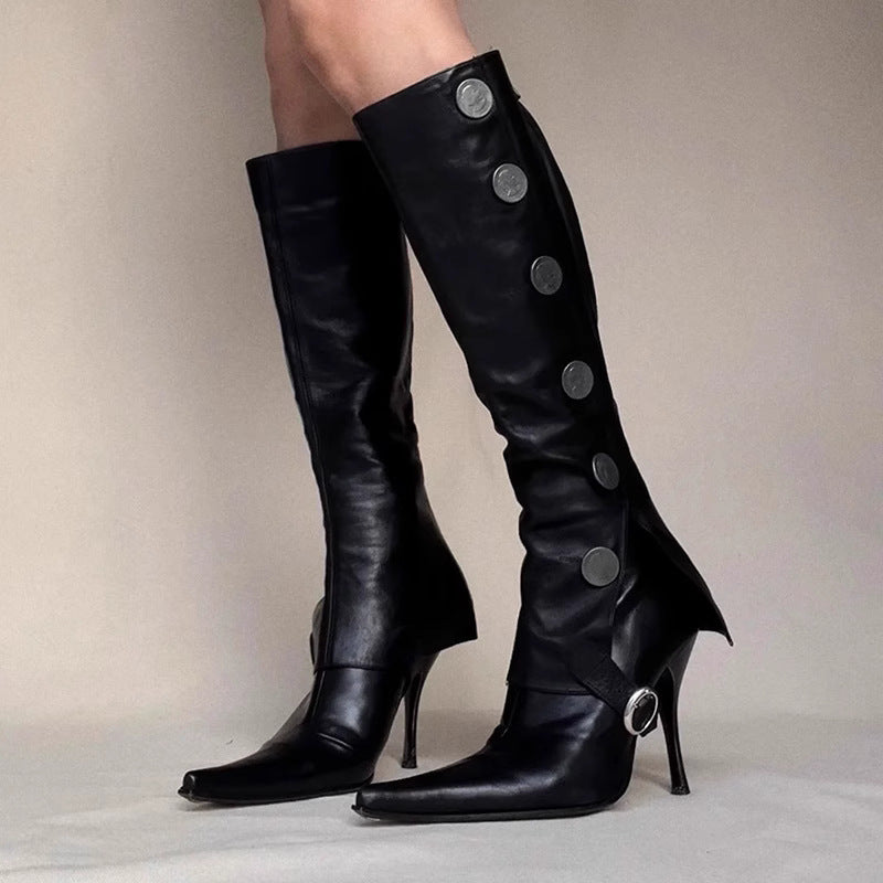 Detachable Two-way Retro Coin Long Female Below The Knee Pointed Women's Leather Boots