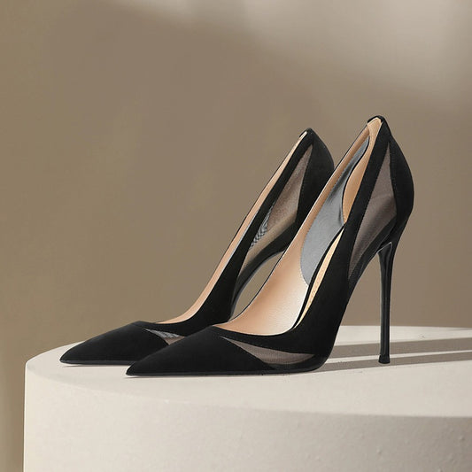 Women's Stitching Mesh Stiletto High Pointed Toe Low-cut Women's Fashion Shoes