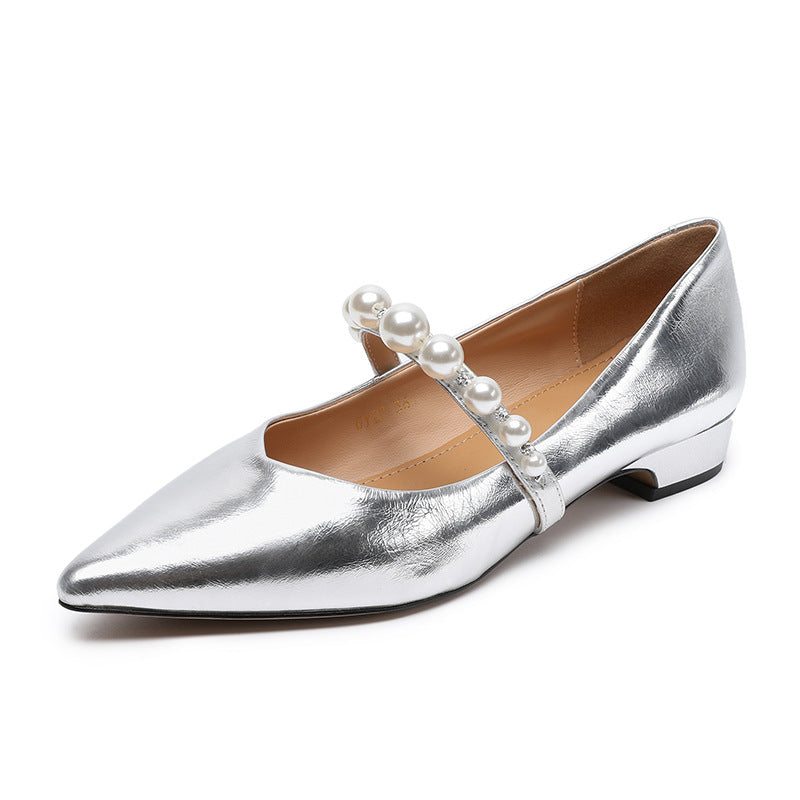 Women's Mary Jane Flat Pointed Pearl Strap Women's Shoes