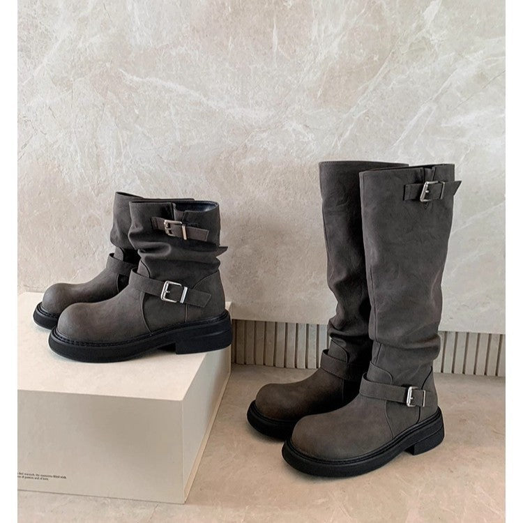 Women's Increasing Two Kinds Of Sock Length Retro Round Head Chunky Women's Leather Boots