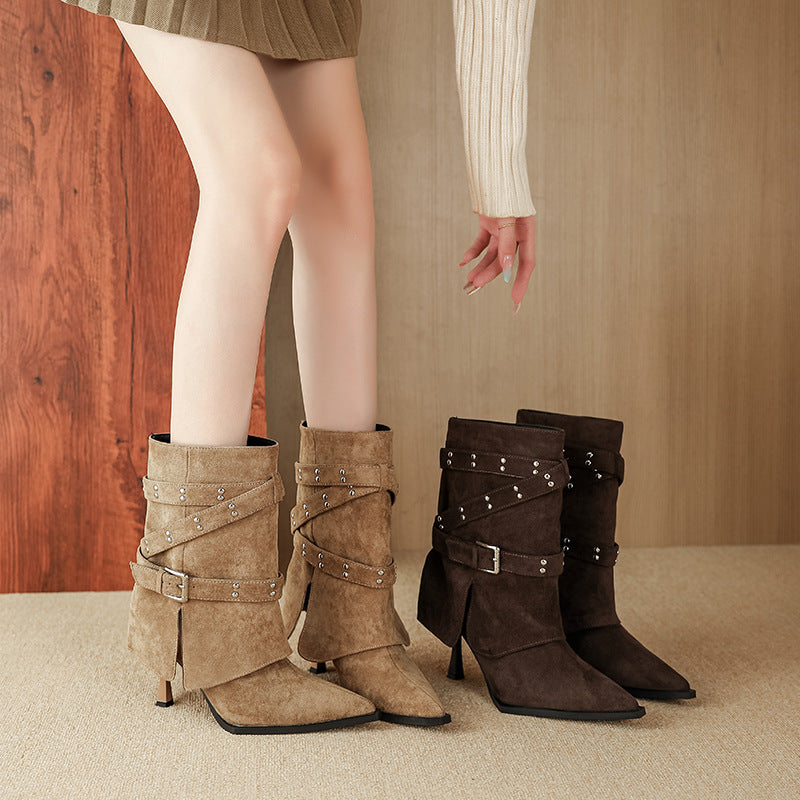 Women's Belt Buckle Wide Pointed Stiletto Short High Boots