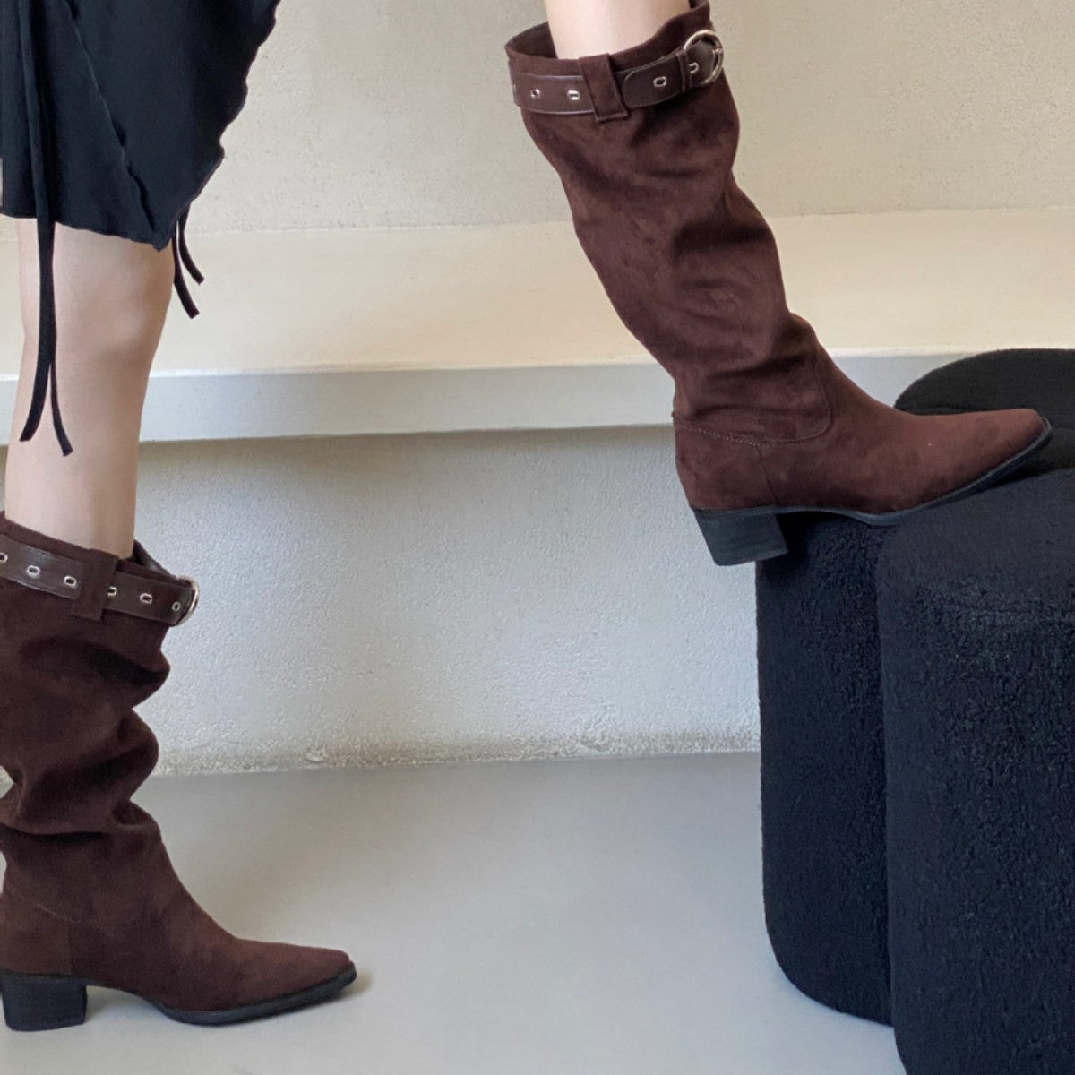 Women's Excluding Tax Below The Knee Long Female Khaki Suede Chunky Boots