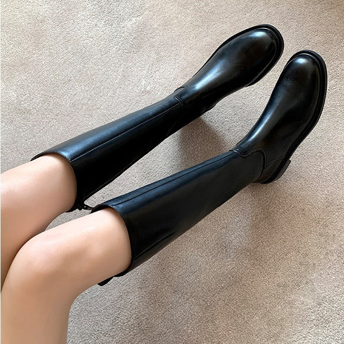 Women's Grape Mom Korean Style Round Head Gold Buckle Chunky Side Women's Leather Boots