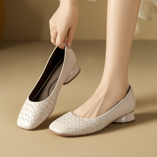 Women's Calf Skin Horseshoe Low Square Toe Soft Bottom Woven Women's Shoes