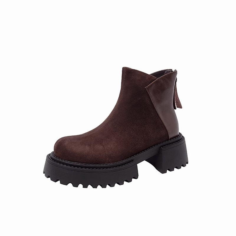 Women's Retro Round Head Genuine Platform Ankle Frosted Elevator Wild Women's Leather Boots