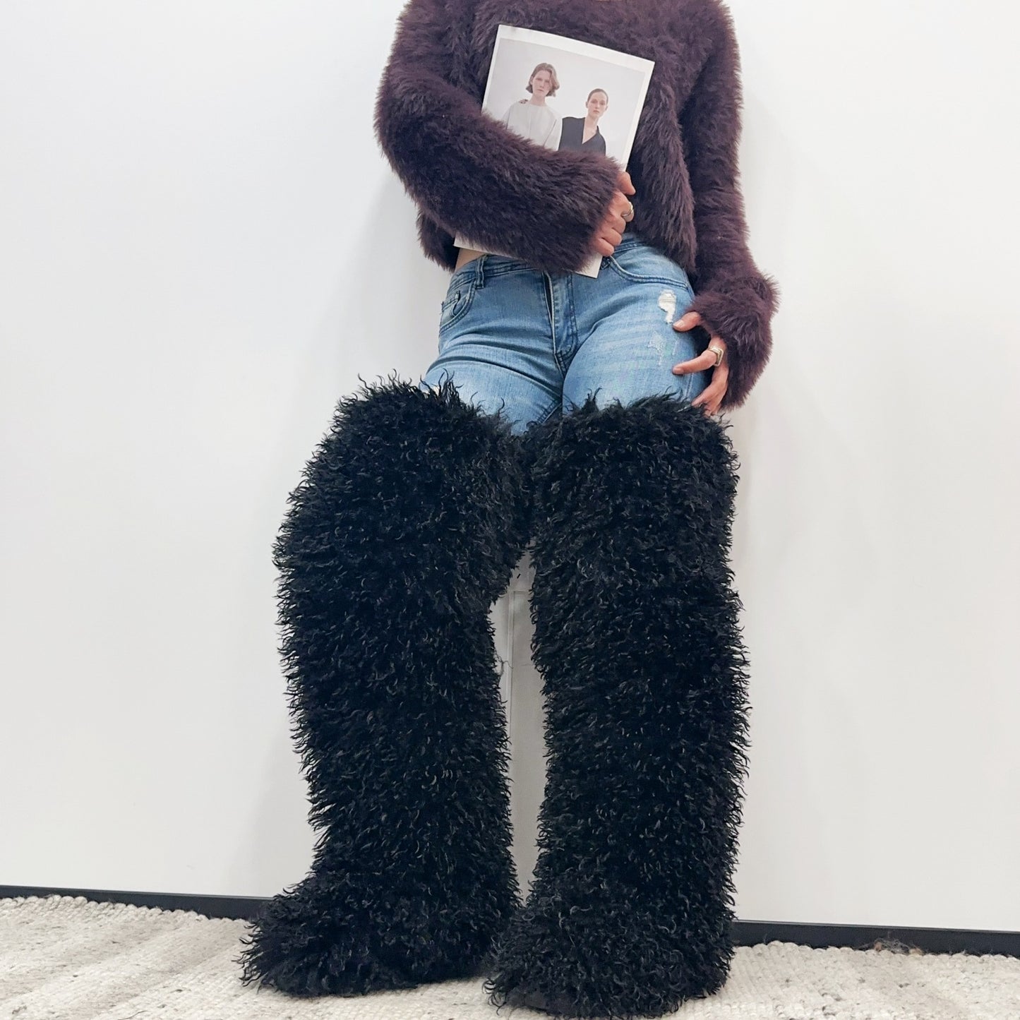 Imitated Tibet Sheep Fur Thigh Height Over Women's Snow Boots