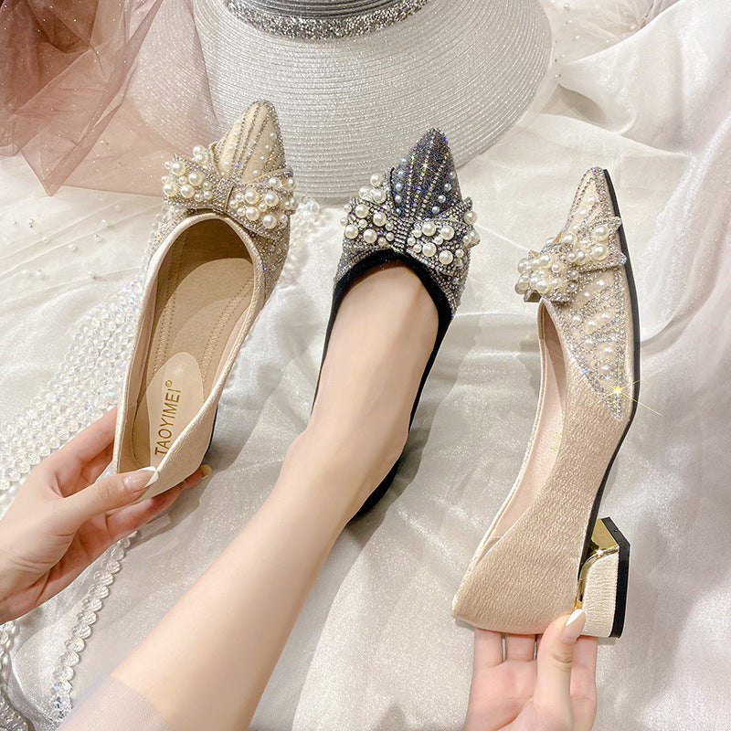 Women's Pumps Chunky Low-cut Rhinestone Pearl Bow Women's Shoes