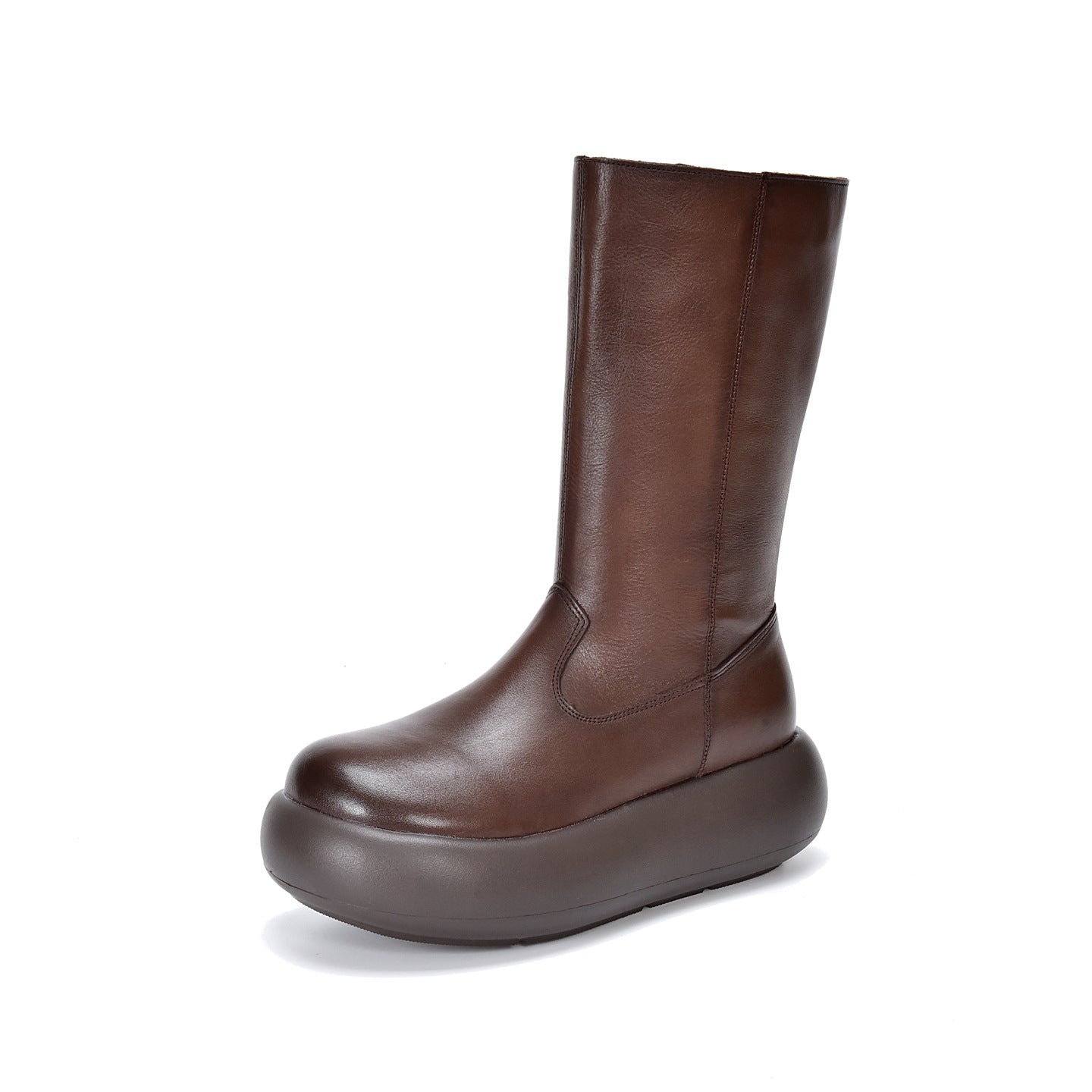 Round Head Thick Bottom Side Zipper Women's Leather Boots