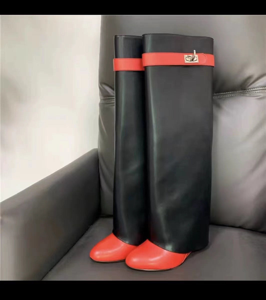 Women's Circumference Straight Pointed Buckle Shark Long Boots
