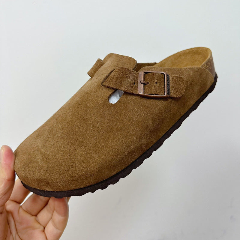Women's Cork Sole Genuine Lazy Pump Half Flat Slippers
