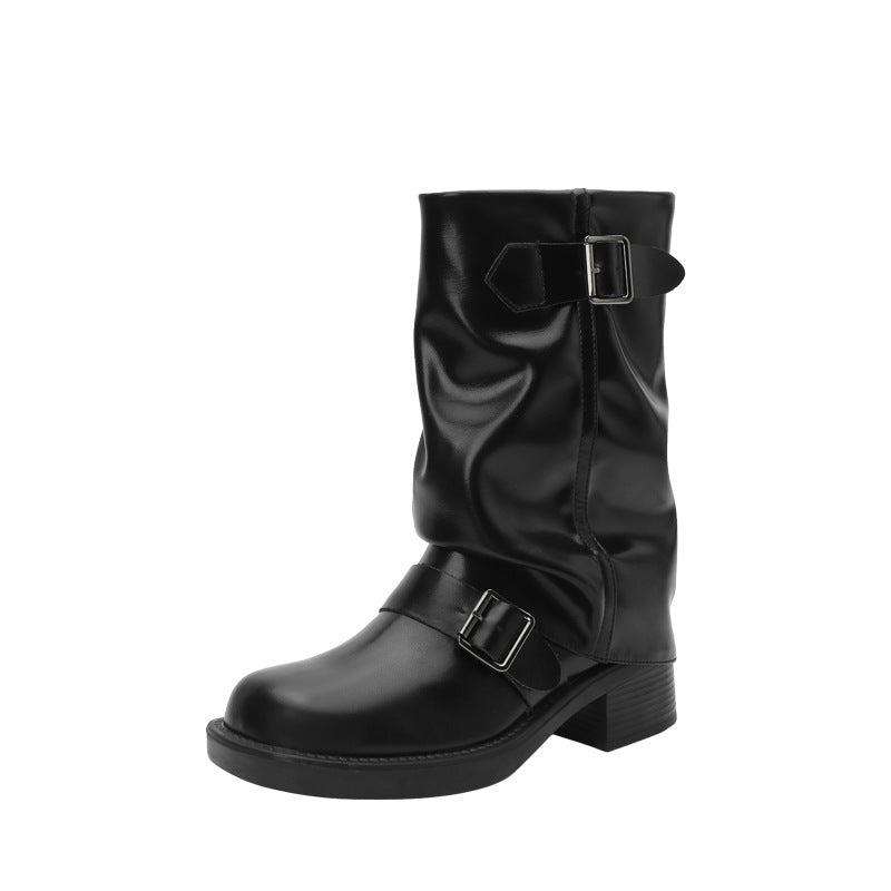 Women's Retro Style Round Toe Sleeve Pants Belt Buckle Pleated Pile Women's Leather Boots