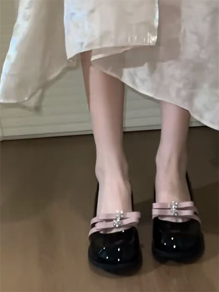 Women's French Style Bow Mary Jane Chunky Low-cut Leather Shoes