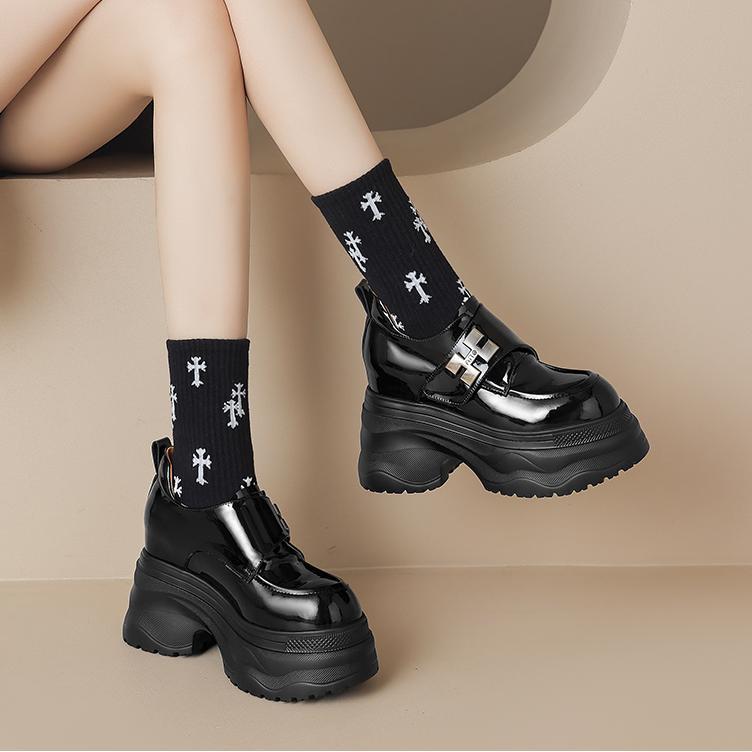 High Genuine Elevator Deep Mouth Pumps Small Muffin Platform Metal Loafers