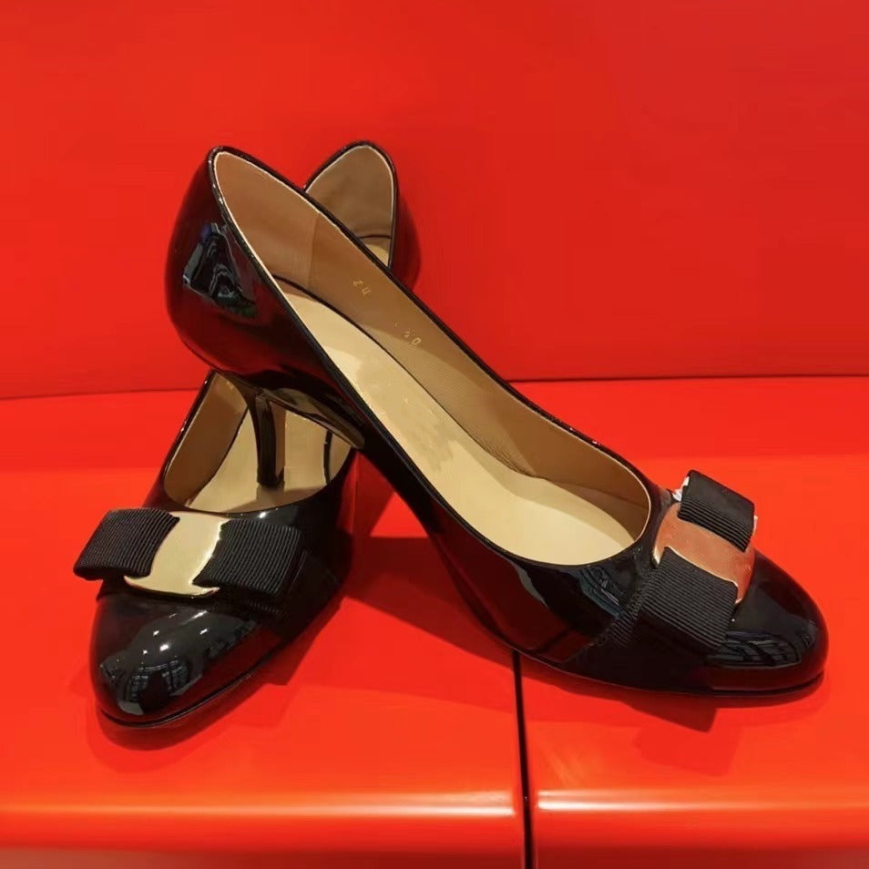 Spring Bowknot Round Toe Wedding Commuter Style Single Patent Women's Casual Shoes