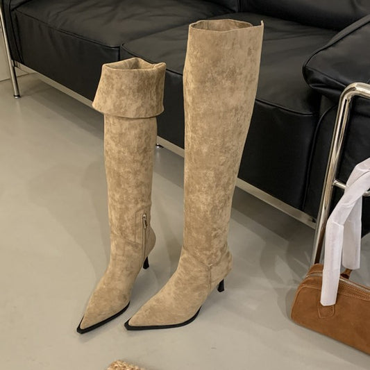 Small Two-way Side Zipper Pointed Toe Suede Boots