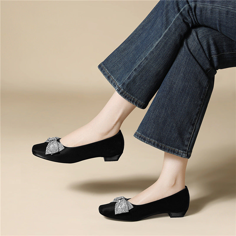 Women's Lux Square Toe Pumps Spring Rhinestone Bow High High-grade Women's Shoes