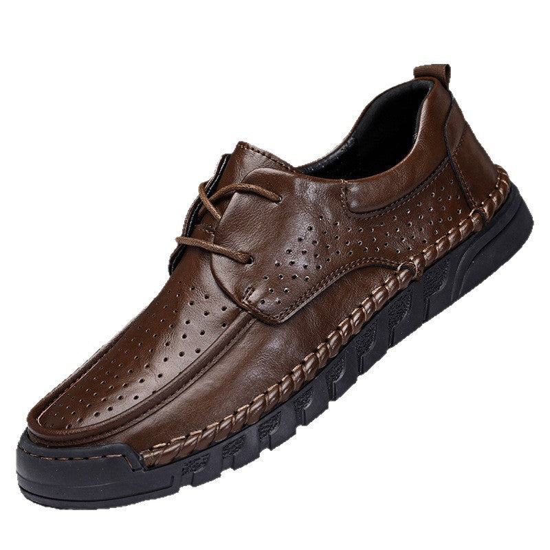 Men's Handmade Stitching Business Round Head Soft Bottom Hollow Punch Men's Casual Leather Shoes