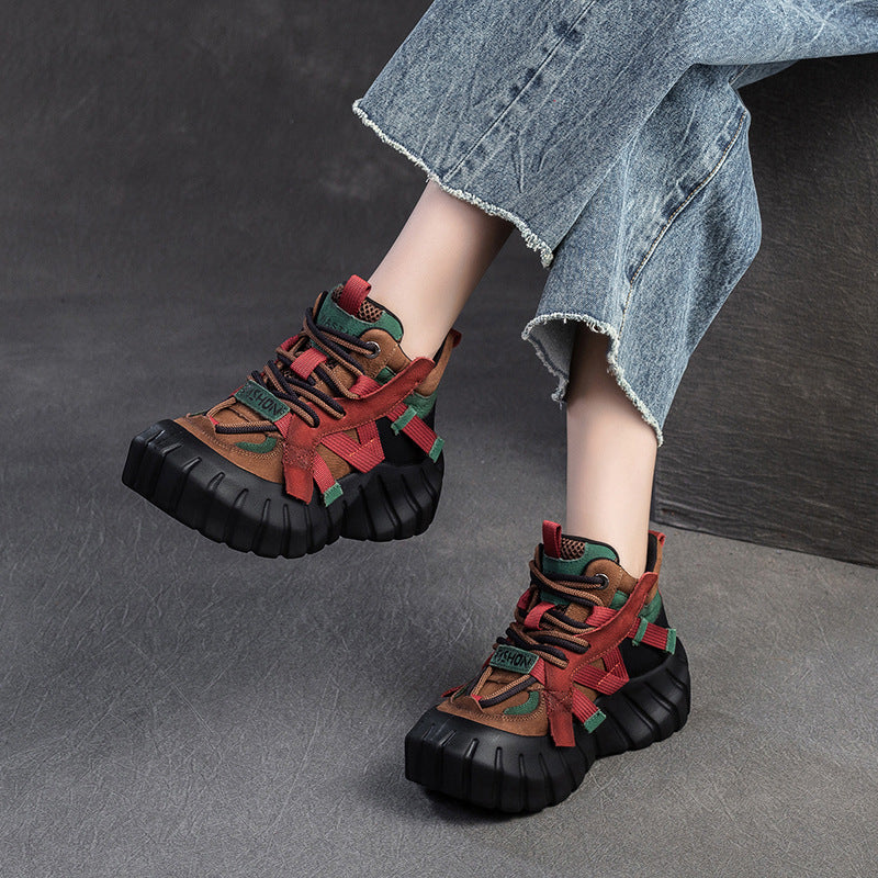 Women's Winter Color Matching Platform Fashion Clunky Women's Leather Boots