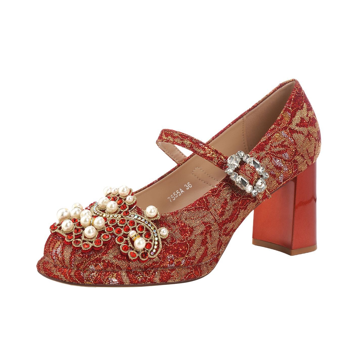 Jacquard Wedding Pearl Rhinestone Chunky Square Toe All-inclusive Heels