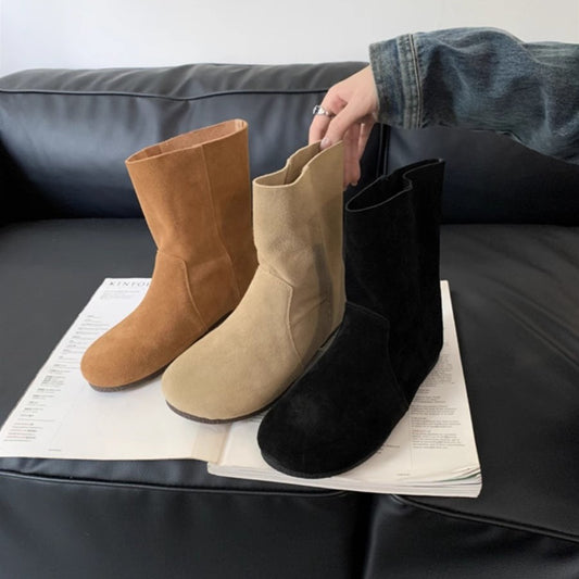 Women's Height Increasing Insole Cow Suede Platform Martin Round Toe Black Boots