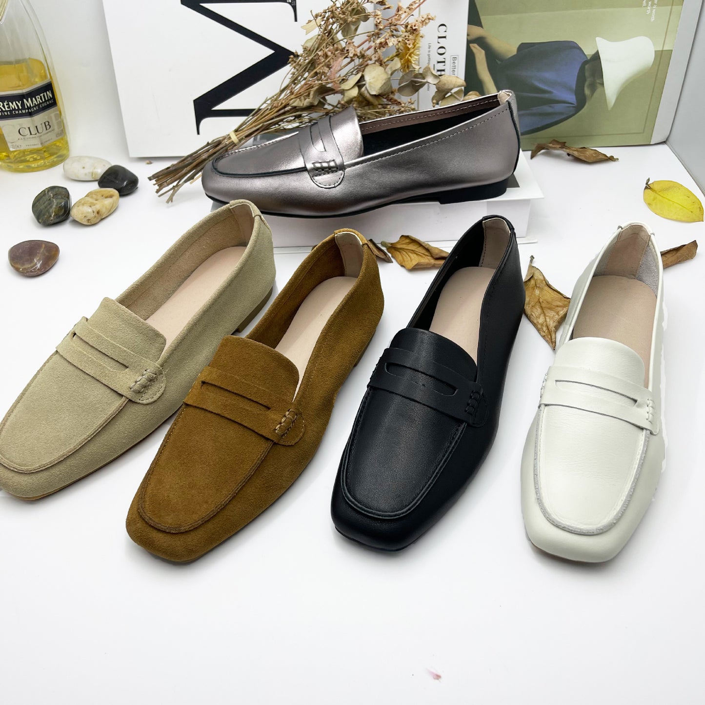 Women's Genuine Square Toe Soft Bottom Black Flat Loafers