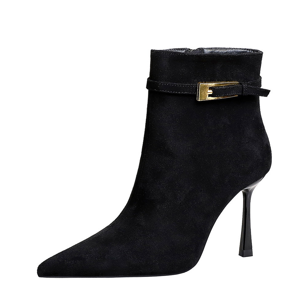 Women's Fashion Sexy Pointed Toe Suede Stiletto Belt Buckle Side Zipper Women's Leather Boots