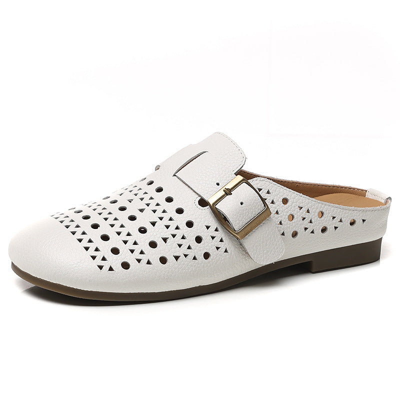 Women's First Layer Cowhide Flat Soft Bottom Breathable Summer Hole Genuine Women's Casual Shoes