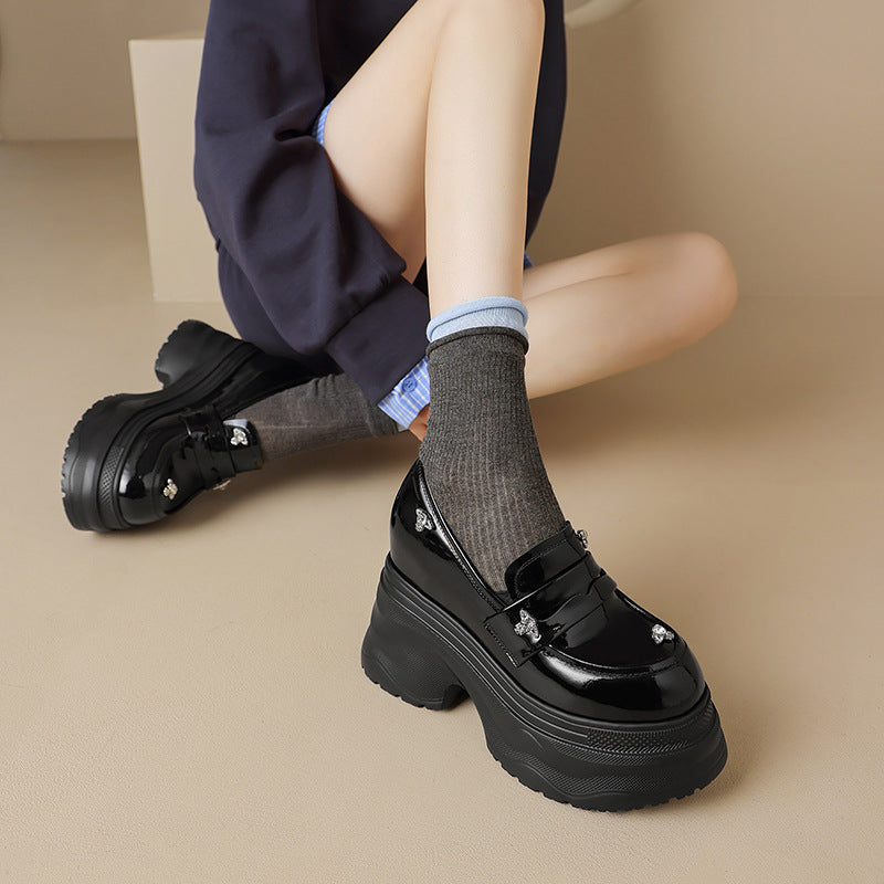 Increasing Insole Slip-on Deep Mouth Pumps Patent Platform Heels