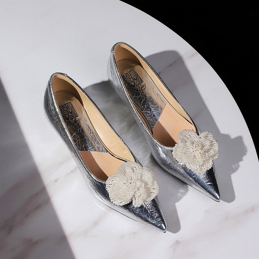Women's Style Low-cut Pearl Flower Bow Tie Wedding Wedge Heels