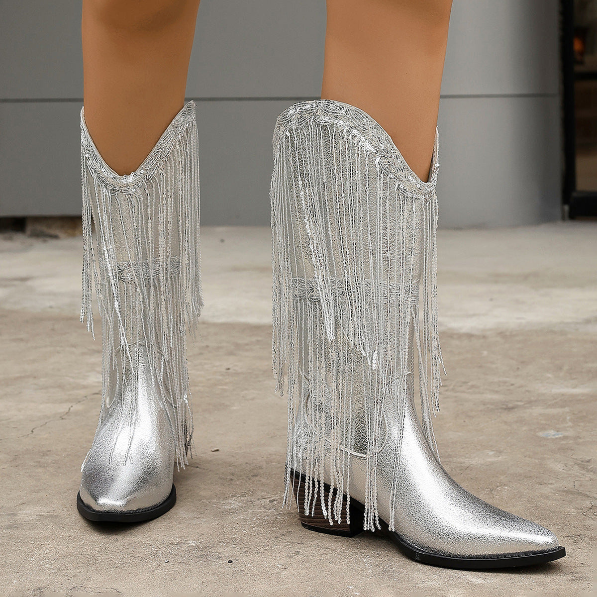 Women's Tassel Pointed Toe Comfortable Middle Chunky Knee-high Heels