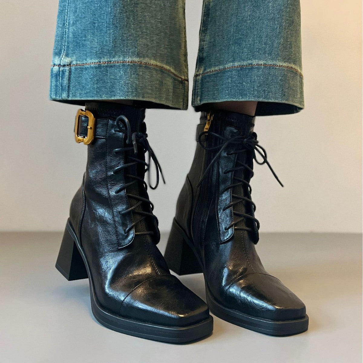 Women's Retro Style Booties High Platform Soft Martin Thick Gold Women's Leather Boots