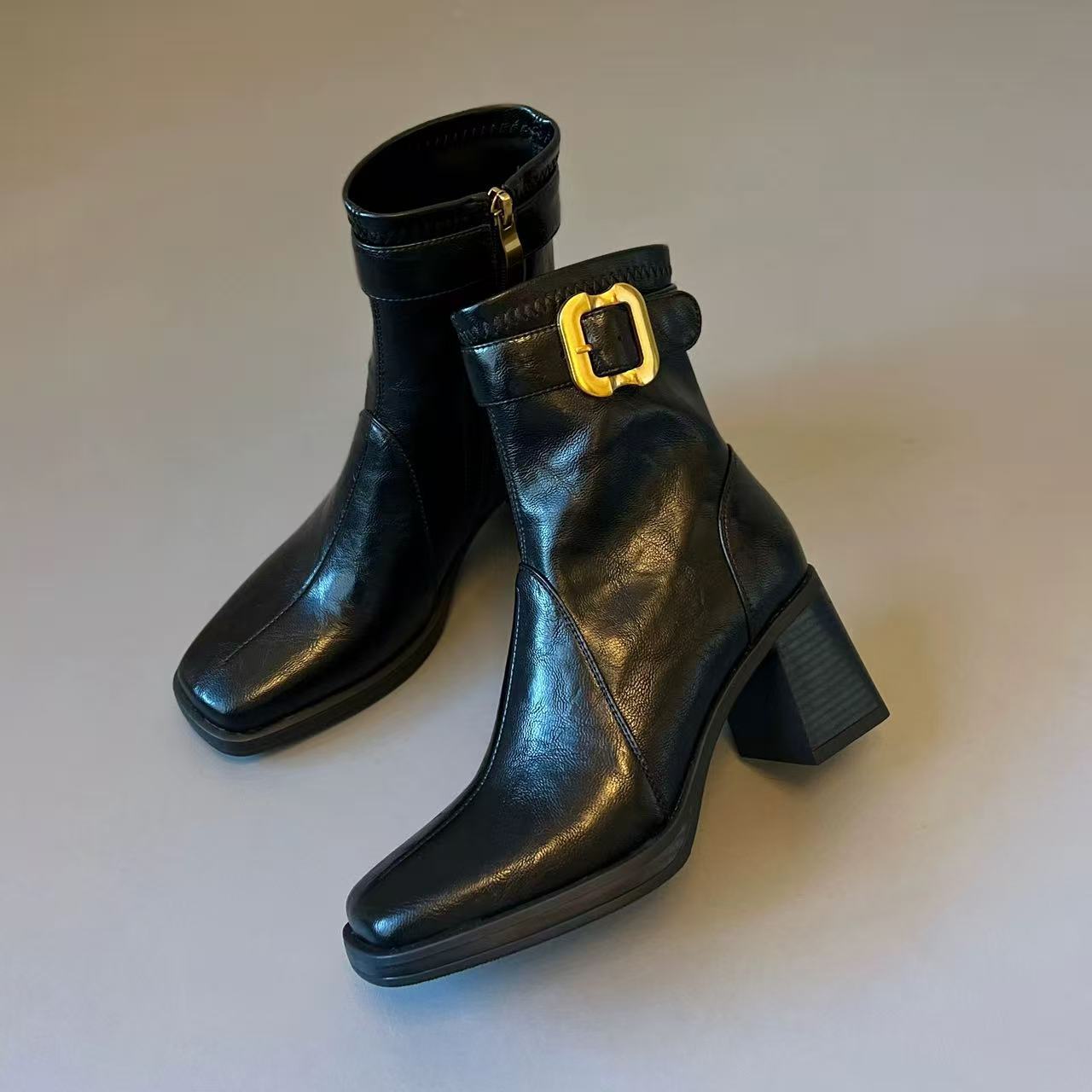Women's Square Toe High Short Retro Chunky Women's Leather Boots