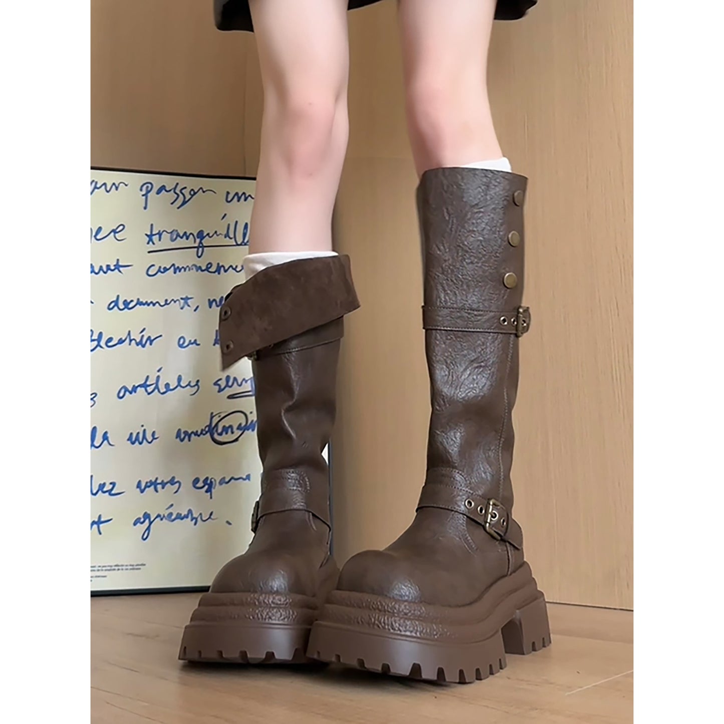 Women's Retro Black British Style Thick Bottom Elevator Autumn Women's Leather Boots