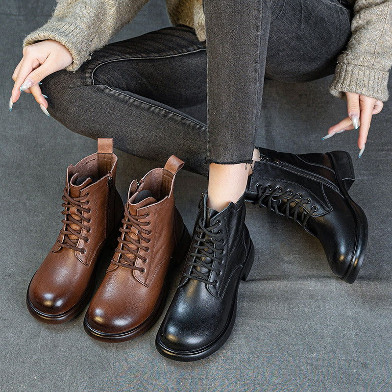 Women's First Layer Cowhide British Style Vintage Martin Fleece-lined Thick Boots