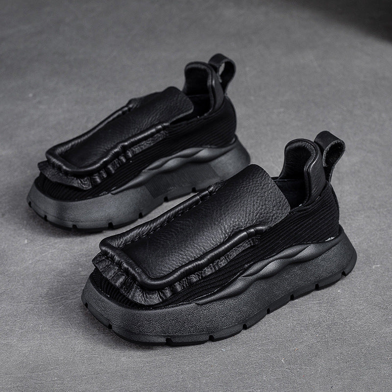 Women's Toe Vintage Pumps Thick Bottom Top Layer Cowhide Casual Shoes