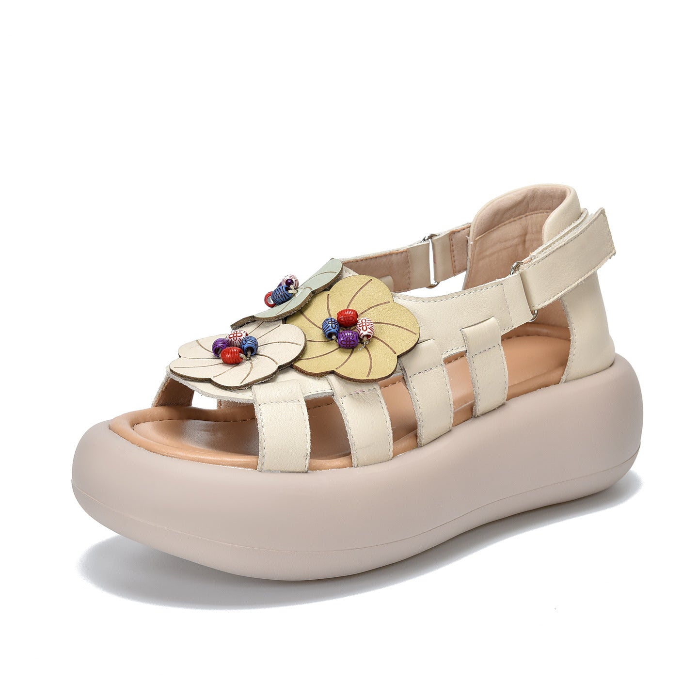 Women's First Layer Cowhide Open Toe Flower Roman Summer Thick Bottom Platform Sandals