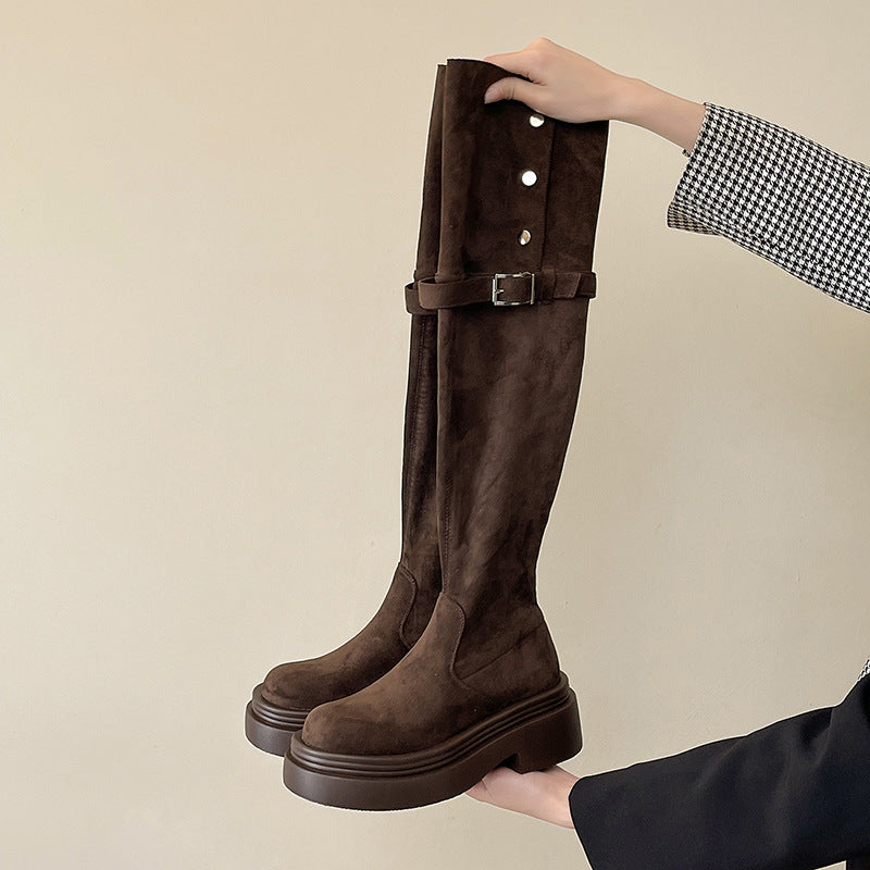 Women's Fashion Tribe Two Wear Fold Thick Bottom Chunky Women's Leather Boots