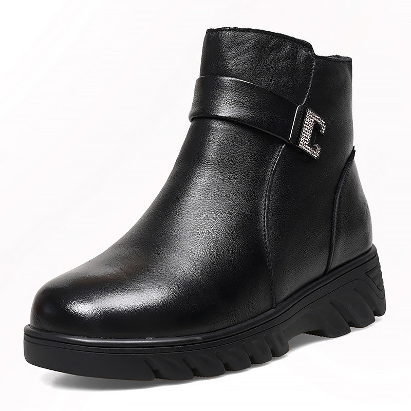 Women's Thick Top Layer Cowhide Veet Short Snow Boots