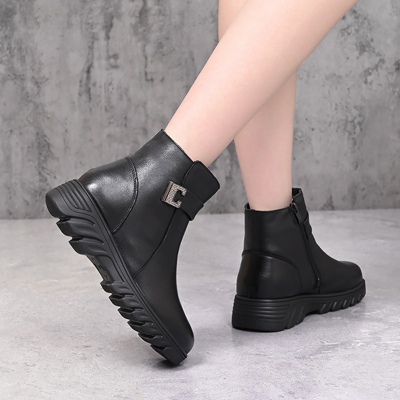 Women's Thick Top Layer Cowhide Veet Short Snow Boots