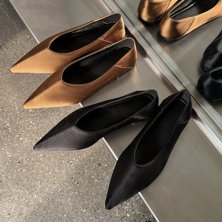Women's Satin Pointed Toe Low-cut Low Solid Color Women's Fashion Shoes