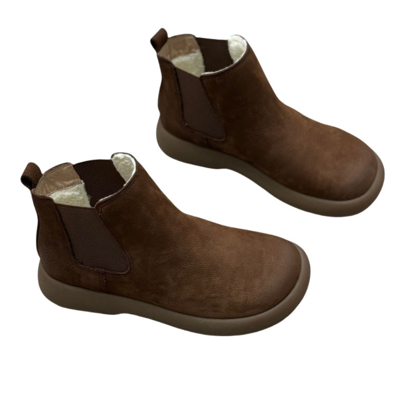 Women's Handmade Art Genuine Winter Round Toe Flat Bottom Slip-on Leather Shoes