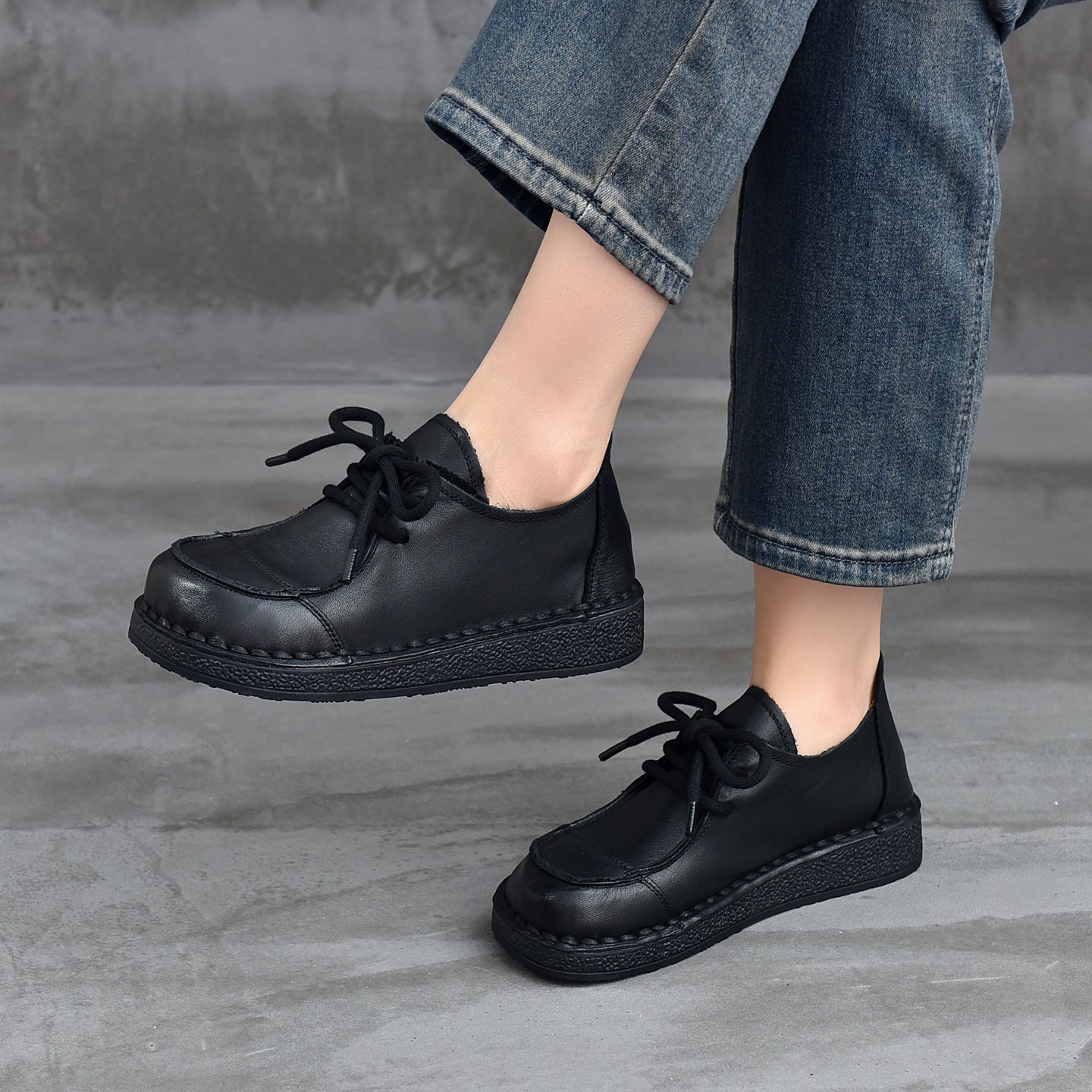 British Style Slip-on Handmade Round Toe Cowhide Casual Shoes
