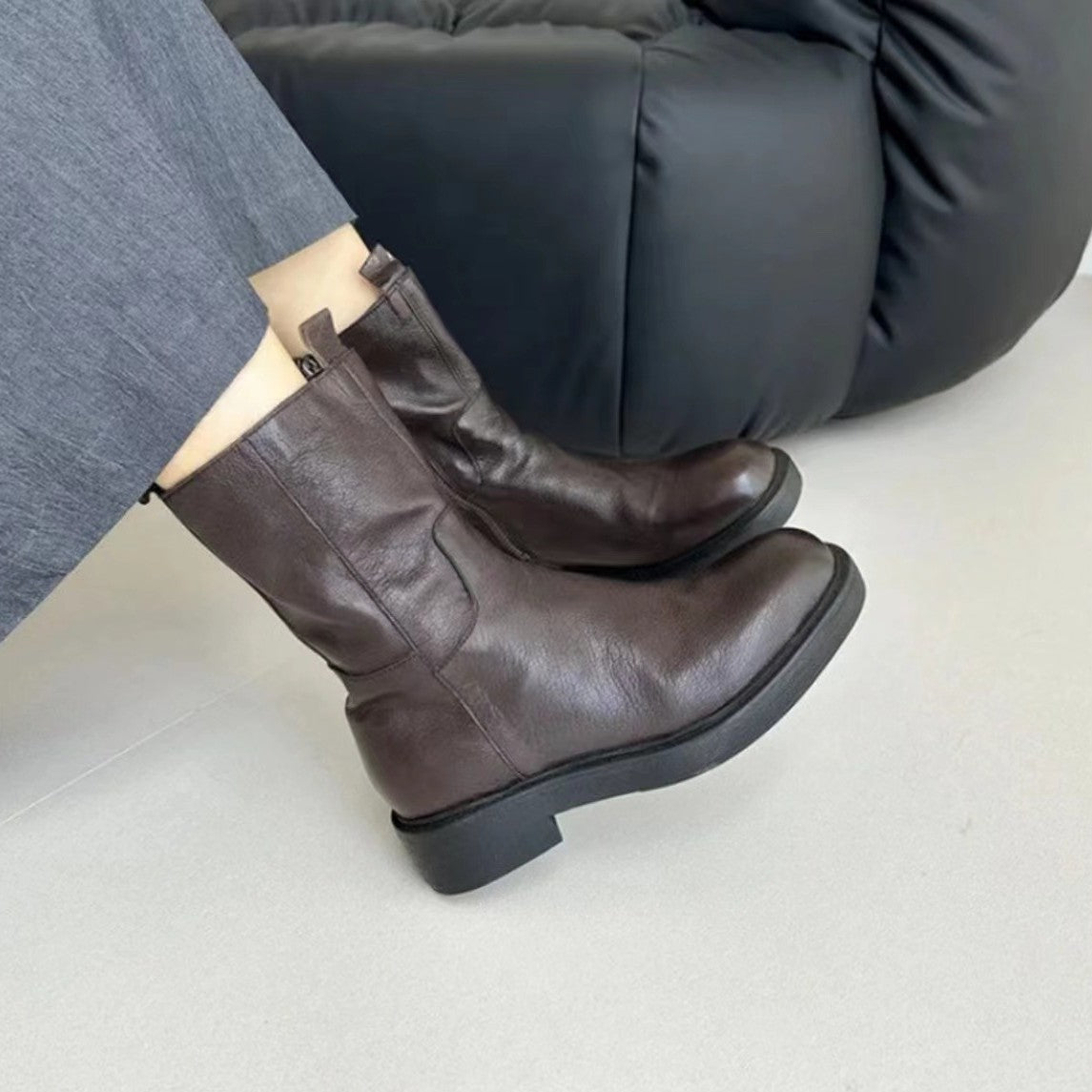Soft Cowhide Martin Side Zipper Fashion British Round Women's Leather Boots