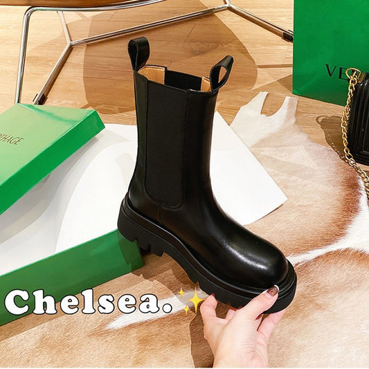 Women's Cowhide Version Fleece-lined Platform Chelsea Booties Hight Increasing Martin Women's Leather Boots