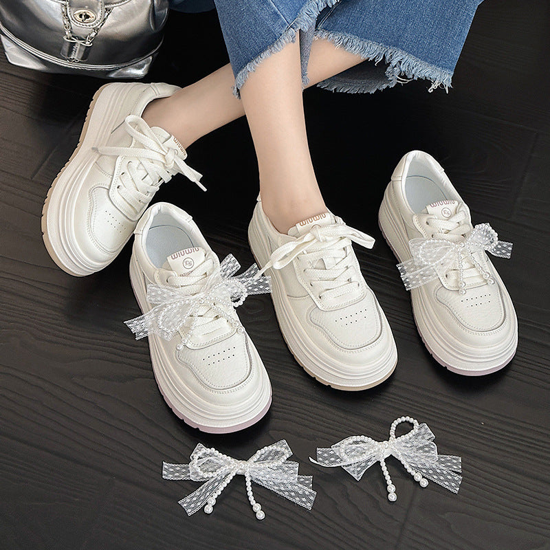 Women's Spring White Korean Versatile Cowhide Muffin Pearl Bow Women's Casual Shoes