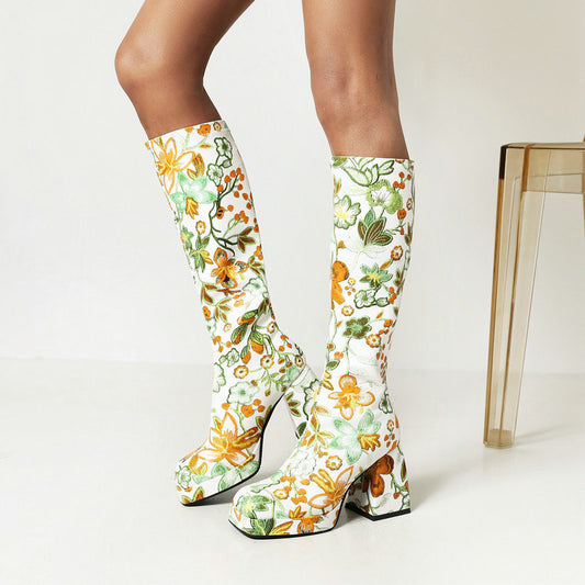 Women's High Leg Embroidered Thick Super Knee-high Long Women's Leather Boots