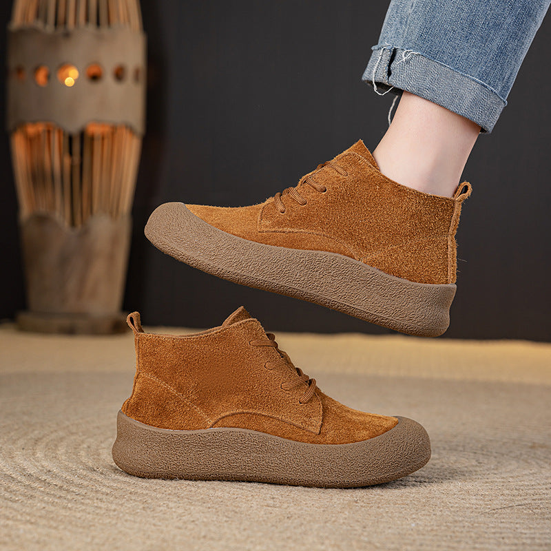 Women's Cowhide Round Head Leisure Soft Bottom Veet Padded Men's Shoes