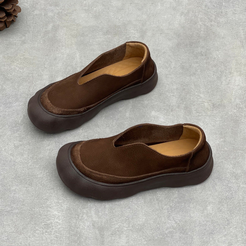 Women's Retro Handmade Genuine Pumps Big Head Thick Bottom Leather Shoes