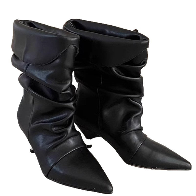 Women's Suede Kitten Booties Pleated Length Loose Socks Retro Slimming Western Women's Leather Boots