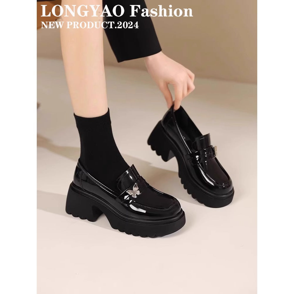 Women's Platform College Black Thin British Style Leather Shoes